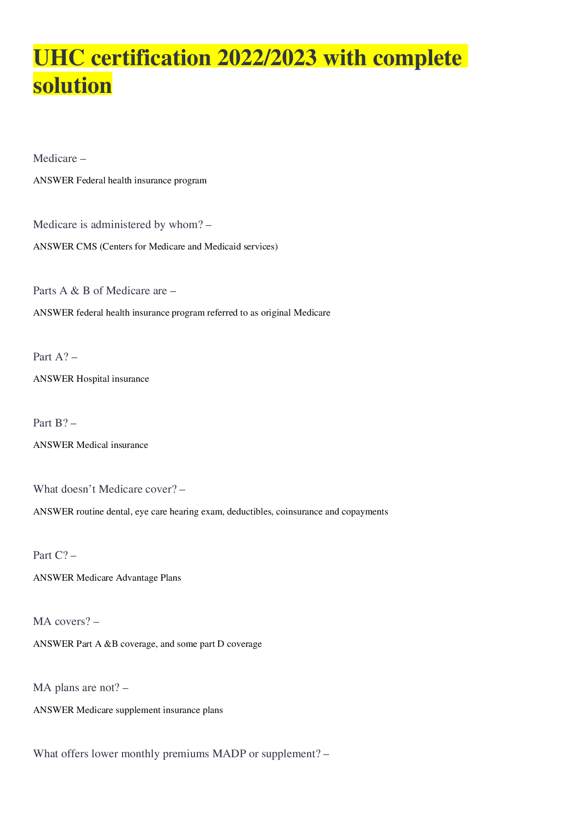 Preview image of UHC certification 2022/2023 with complete solution document